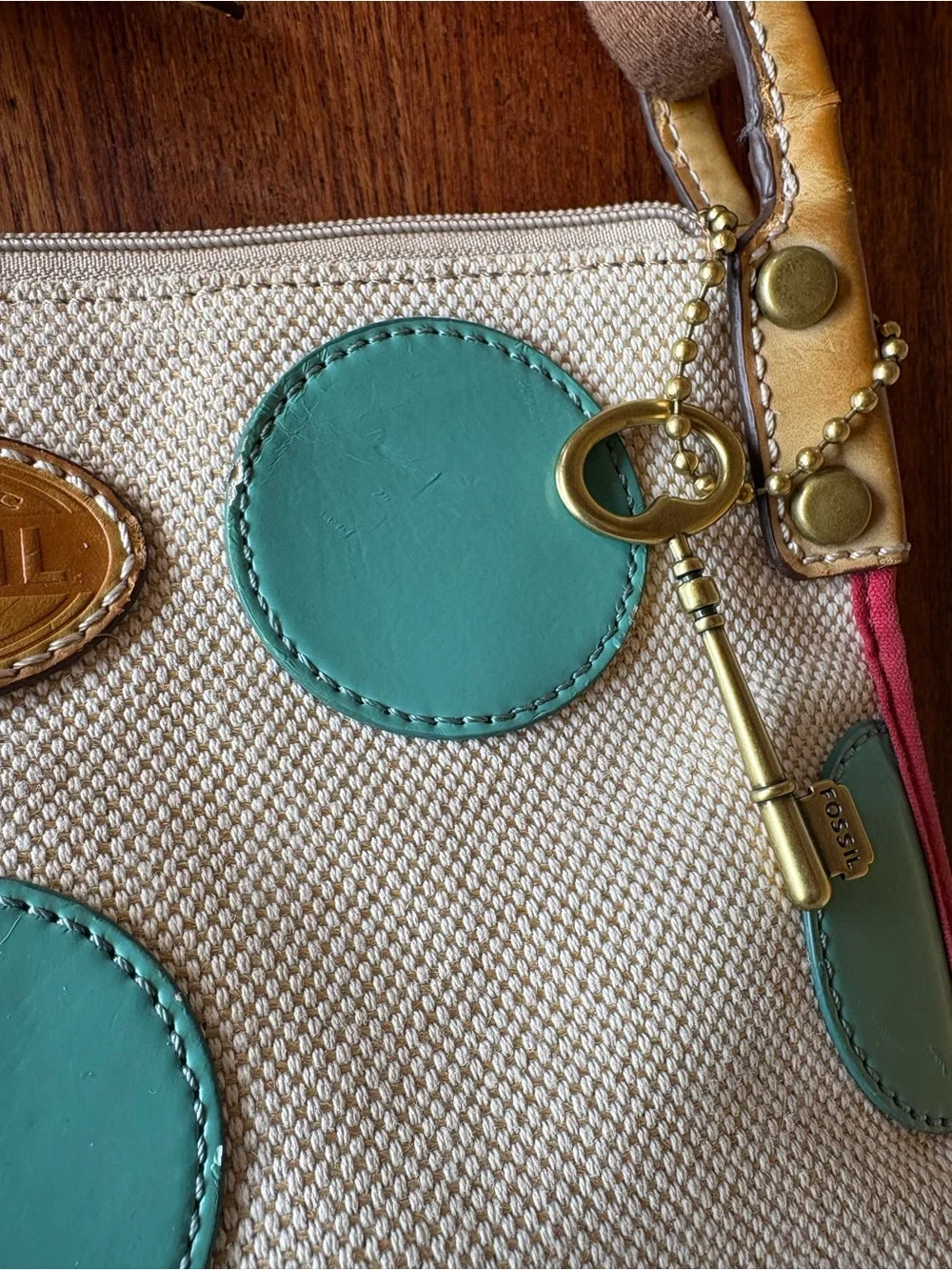 Fossil Cream Canvas Crossbody with Teal Polka Dots and Pink Trim - Picture 5 of 8